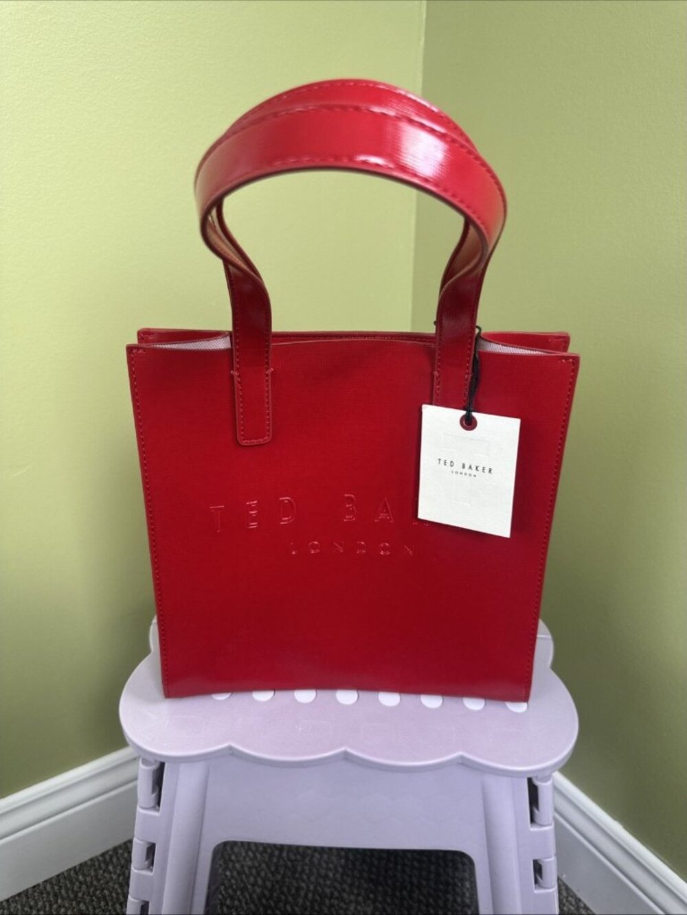Ted Baker Red Patent Leather Tote Bag Glossy Top Handle NWT